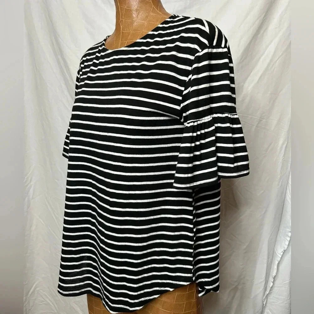 Cherish Women's Small Black White Striped Ruffle Bell Sleeve Top Blouse